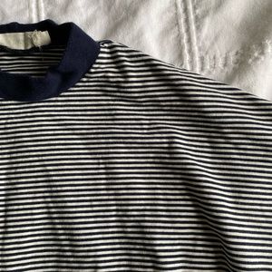 Navy and white striped long sleeve mockneck tee